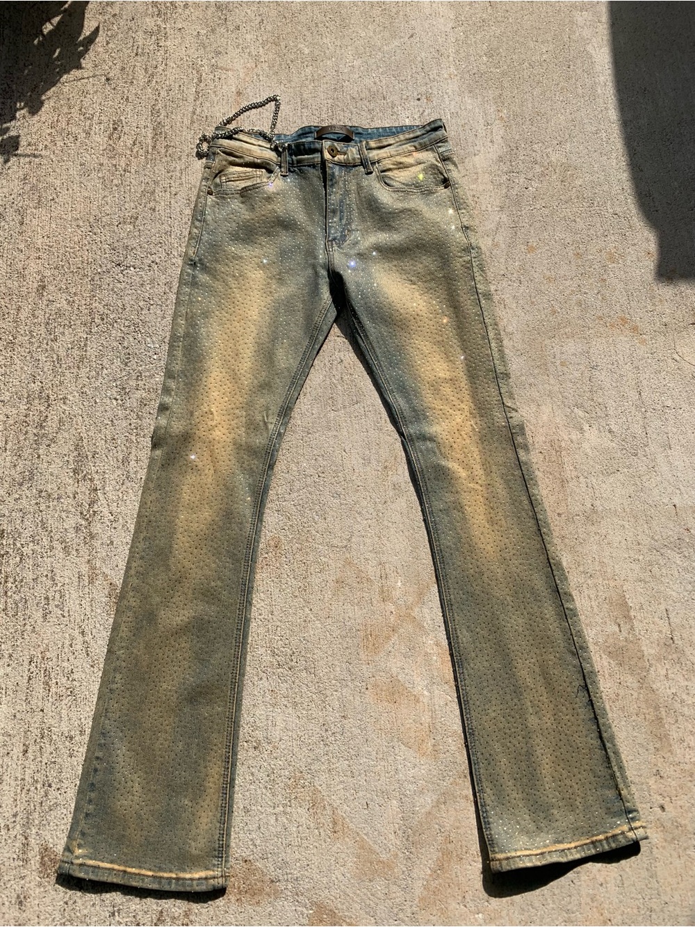 Men's Skinny Washed Green Jeans with Studded Detail